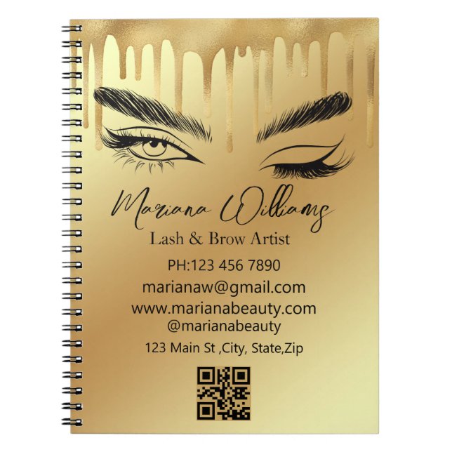 lash and brow artist qr code gold dripping luxury notebook (Front)