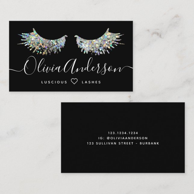 Lash Artist Black Holographic Glitter Business Card (Front/Back)