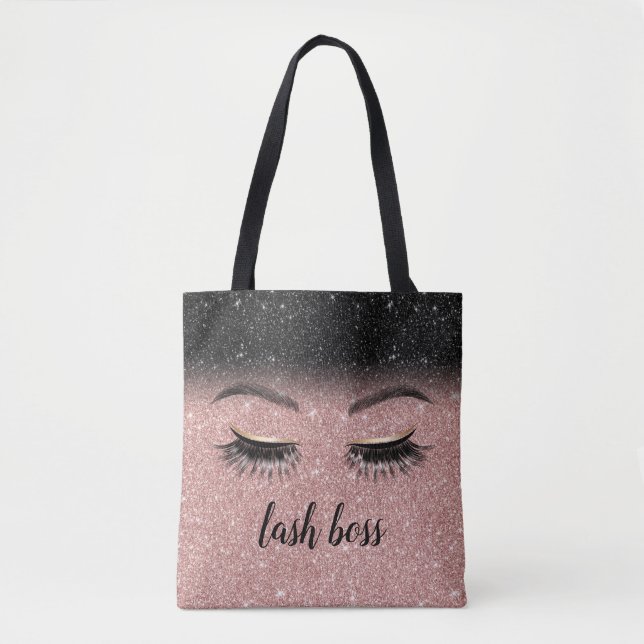 Lash Boss Eyelash Salon Rose Gold & Black Glitter Tote Bag (Front)