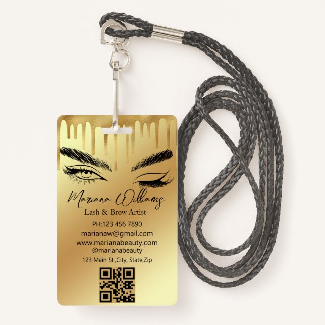 lash & brow artist qr code gold dripping business  ID badge (Front with Lanyard)
