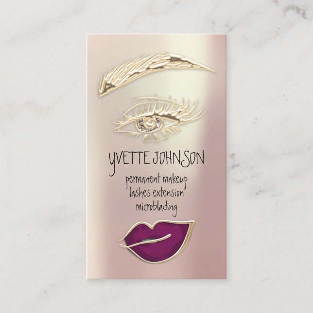 Lash Brow Permanent Makeup QRCode Gold Berry Lips Business Card (Front)