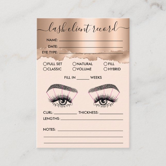 Lash Client Record Add Logo Rose Gold Tear Busines Business Card (Front)