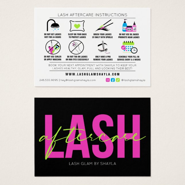 Lash Extension Aftercare Neon Glow Instructions (Front & Back)