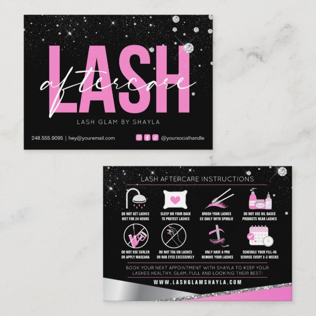 Lash Extensions Aftercare Glam Pink Diamonds Busin Business Card (Front/Back)