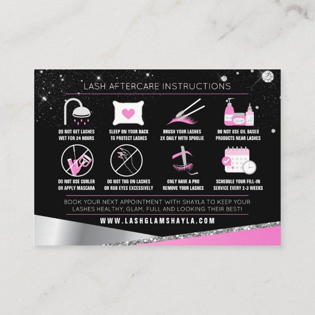 Lash Extensions Aftercare Glam Pink Diamonds Business Card (Back)
