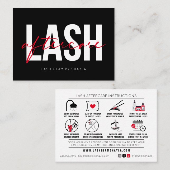 Lash Extensions Aftercare Instructions Appointment Business Card (Front/Back)