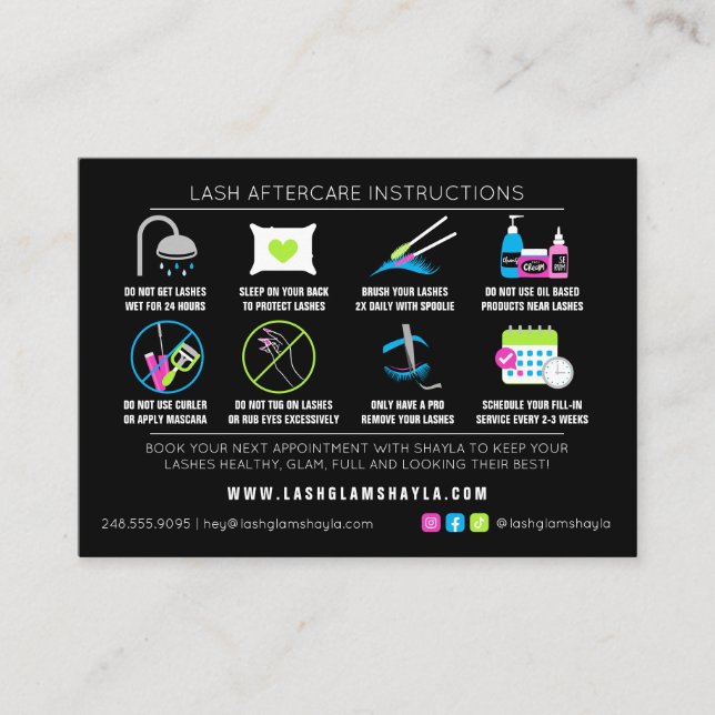 Lash Extensions Aftercare Instructions - Bold Neon Business Card (Front)