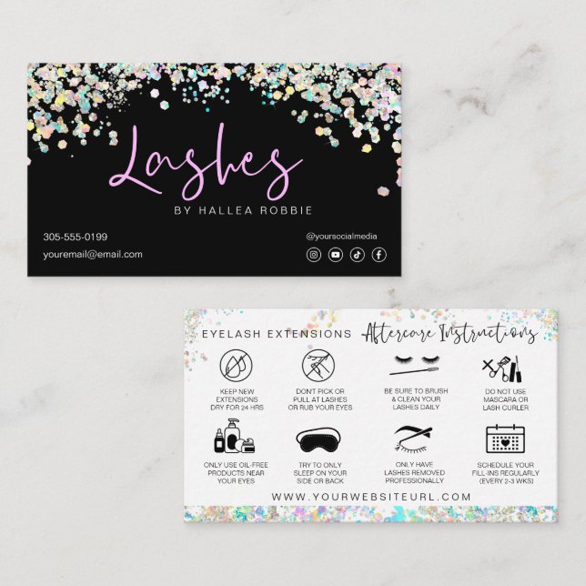 Lash Extensions Aftercare Instructions Holographic Business Card (Front/Back)