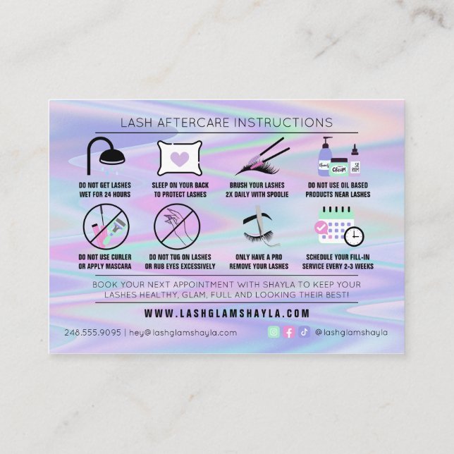 Lash Extensions Aftercare Instructions Holographic Business Card (Back)