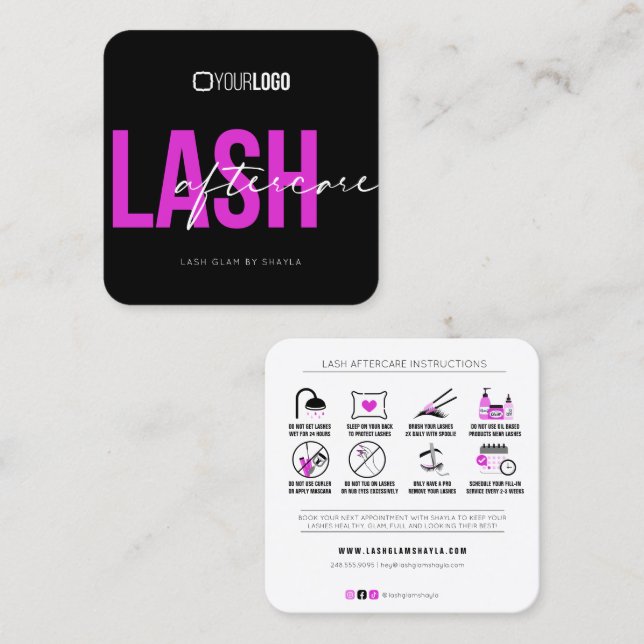 Lash Extensions Aftercare Instructions Hot Pink Sq Square Business Card (Front/Back)