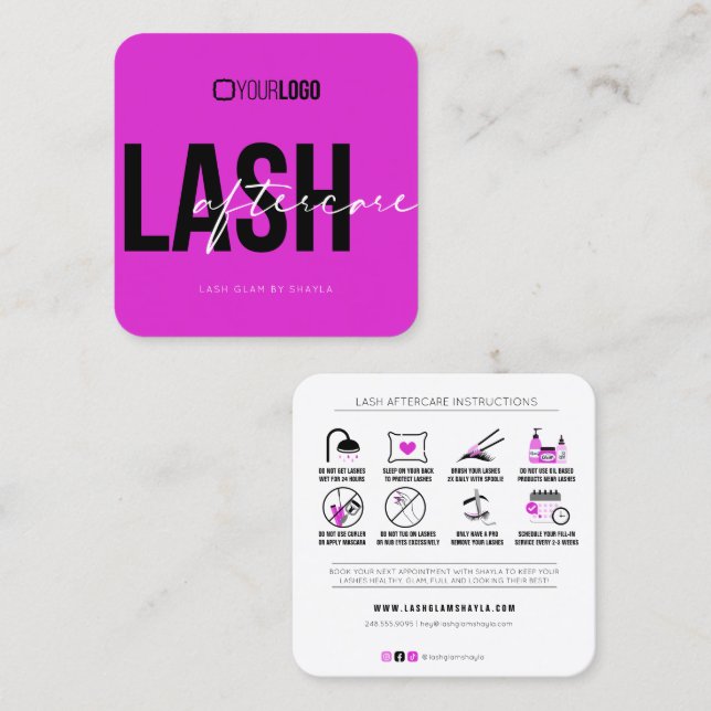Lash Extensions Aftercare Instructions Hot Pink Square Business Card (Front/Back)
