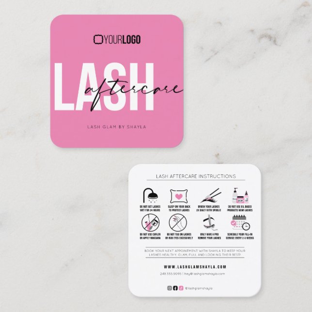 Lash Extensions Aftercare Instructions Pink Black Square Business Card (Front/Back)