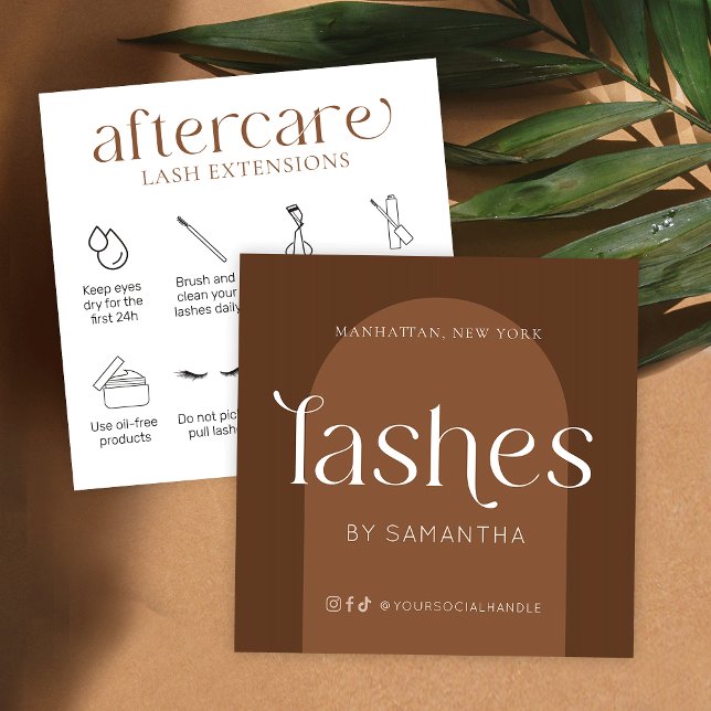 Lash Extensions Aftercare Modern Boho Terracotta Square Business Card (Modern boho lash extensions after care cards featuring trendy fonts and lash care icons)