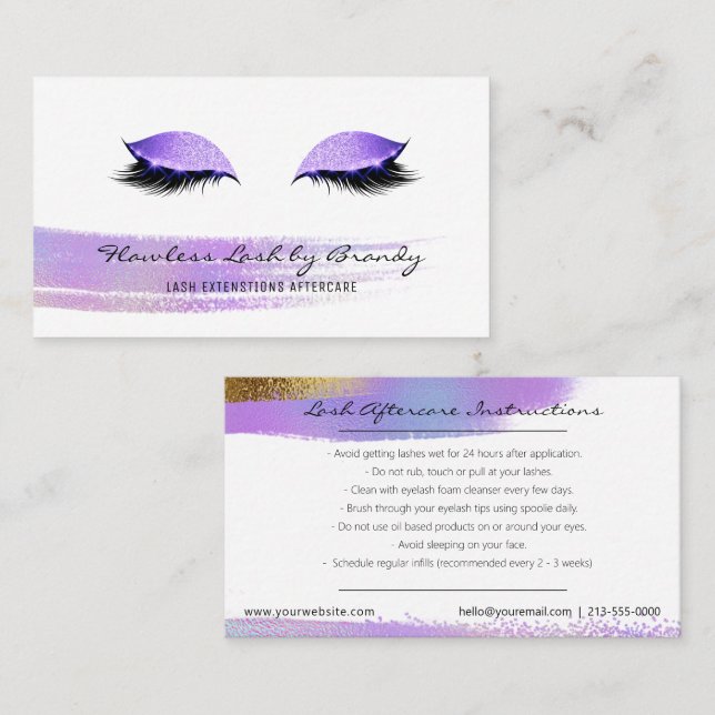 Lash Extensions Aftercare Purple Gold Glam Business Card (Front/Back)