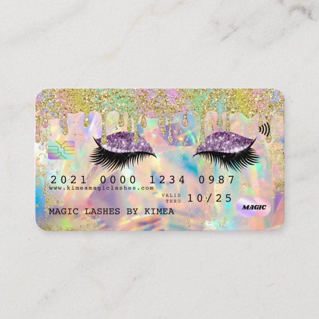 Lash Extensions Glitter Drip Holographic Credit Business Card (Front)