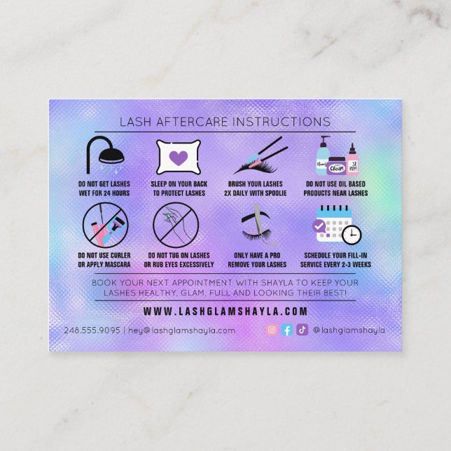 Lash Extensions Holographic Aftercare Instructions Business Card (Back)