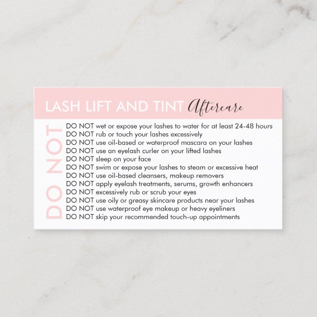 Lash Lift and Tint Avoids Advices Aftercare Business Card (Back)