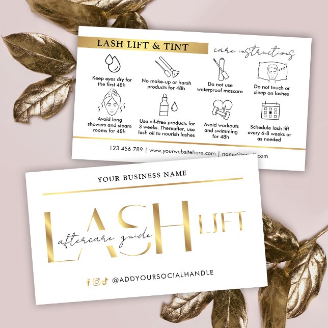 Lash Lift & Tint Aftercare Guide Glam White & Gold Business Card (Creator Uploaded)