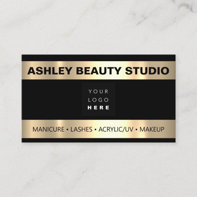 Lash Makeup Nail Stylist Custom Logo Gold Black Business Card (Front)