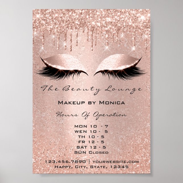 Lash Makeup Opening Hours Salon Rose Drips Glitter Poster (Front)