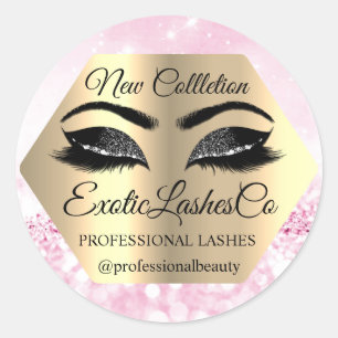 Lash Packaging Makeup Artist Gold Pink GLITTER Classic Round Sticker