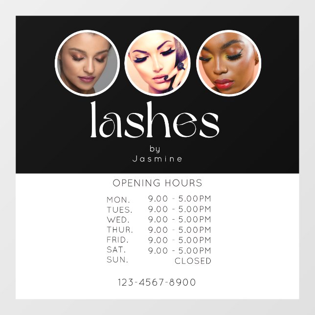 Lash Studio 3 Photo Opening Hours Black White Window Cling (Sheet)