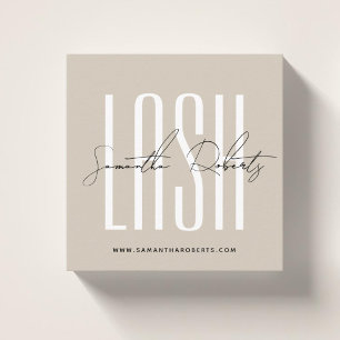 Lash stylist modern typography script beige square business card