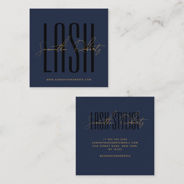 Lash stylist modern typography script blue square business card (Front/Back)
