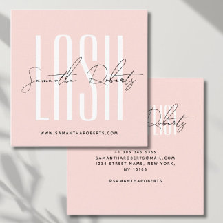 Lash stylist modern typography script blush pink square business card