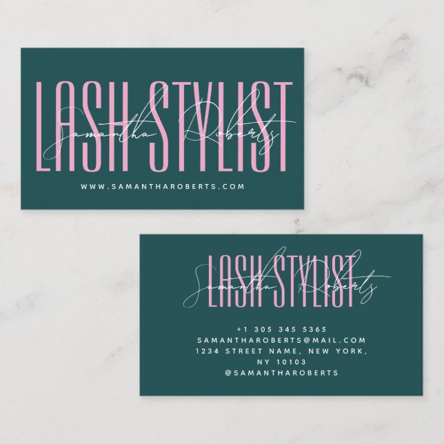 Lash stylist modern typography script green pink business card (Front/Back)