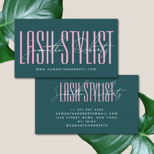 Lash stylist modern typography script green pink business card