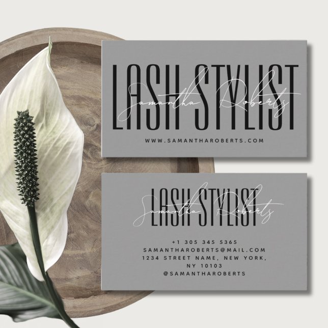 Lash stylist modern typography script grey business card (Creator Uploaded)
