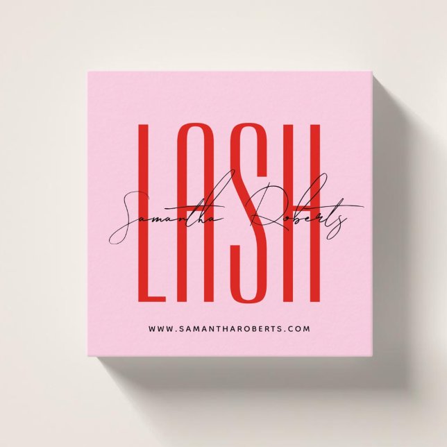 Lash stylist modern typography script pink red square business card (Creator Uploaded)