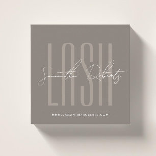 Lash stylist modern typography script taupe square business card