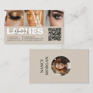 Lash Stylist Script 3 Photo Collage Beige QR Code Business Card