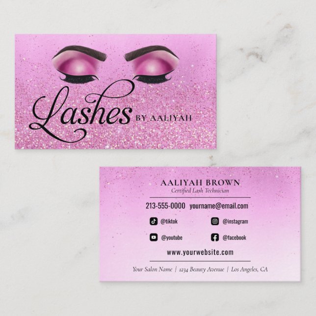 Lash Tech Pink Glam Glitter Eyes Luxury Salon Business Card (Front/Back)