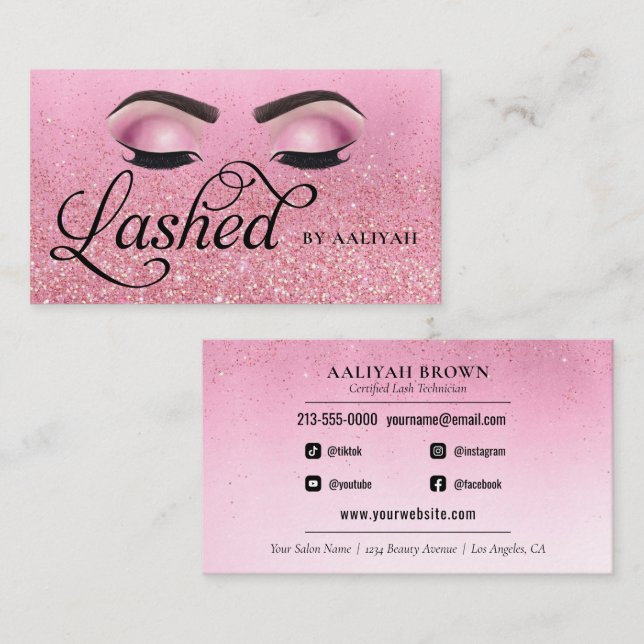 Lash Tech Rose Red Pink Glam Glitter Eyes Business Card (Front/Back)
