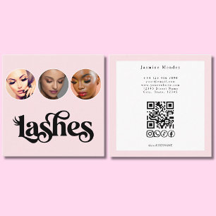 Lash Technician Blush Pink 3 Photo QR Code Square Business Card
