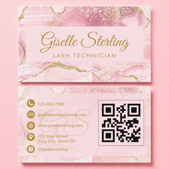 Lash Technician Blush Pink Gold Agate QR Code Business Card (Creator Uploaded)
