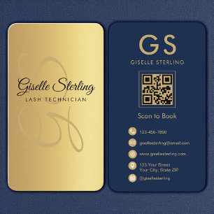 Lash Technician Gold Navy Blue QR Code Monogram Business Card