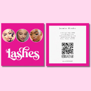 Lash Technician Hot Vibrant Pink 3 Photo QR Code Square Business Card