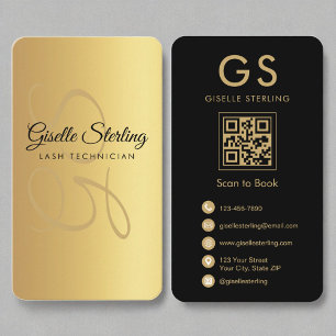 Lash Technician Monogram Gold Black QR Code Business Card