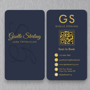 Lash Technician Monogram Navy Blue Gold QR Code Business Card