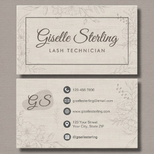 Lash Technician Neutral Linen Floral Elegant Business Card