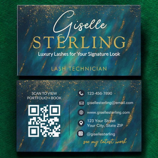 Lash Technician Opal Stone QR Code Green Business Card (Creator Uploaded)