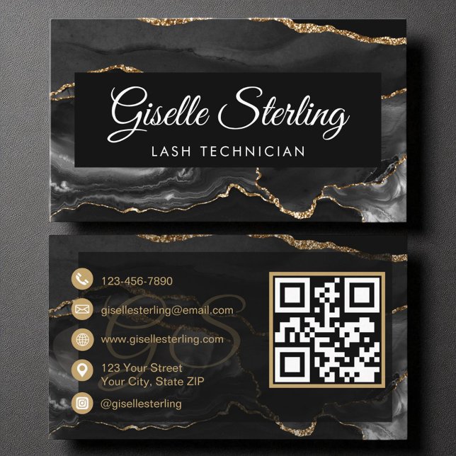 Lash Technician QR Code Black Gold Agate Luxury  Business Card (Creator Uploaded)
