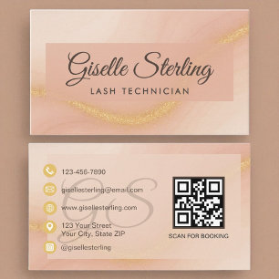 Lash Technician Watercolor Gold Monogram QR Code Business Card