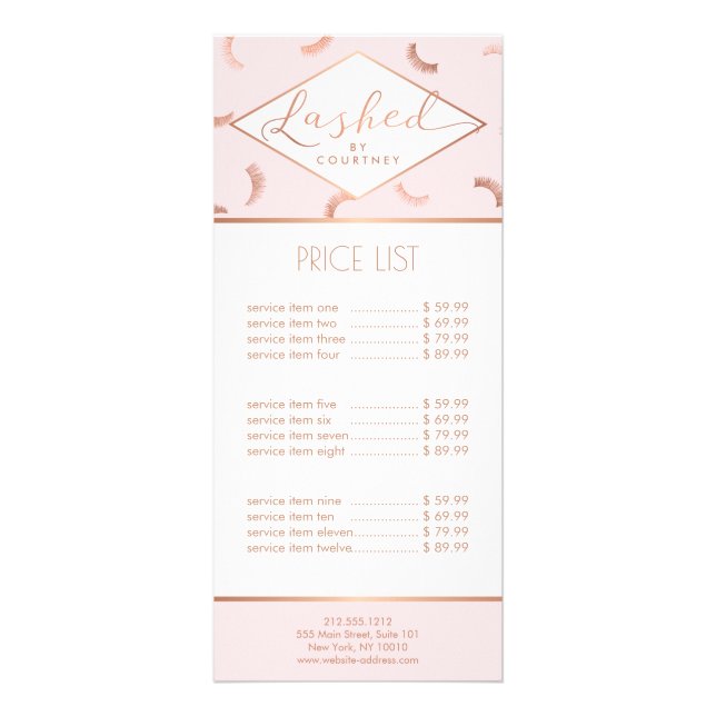 Lashed Text Lashes Pattern Pink/Rose Gold Rack Card (Front)