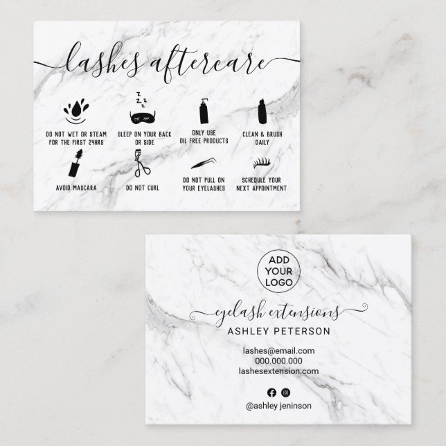 lashes aftercare illustrations chic white marble business card (Front/Back)