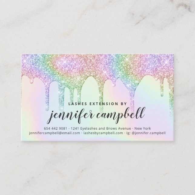 Lashes aftercare unicorn holographic glitter drips business card (Front)